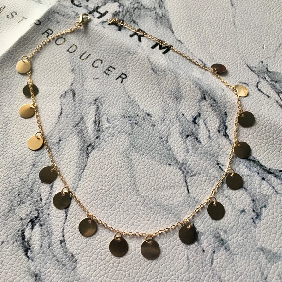 Coin Disk Tassel Droplets Gold Choker Necklace - Picture 2 of 6